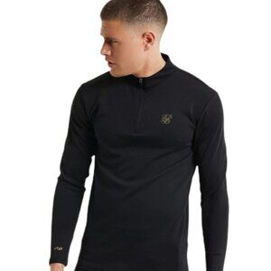 NWT SikSilk L/S Quarter Zip Performance Top - Black‎ & Gold Size XS